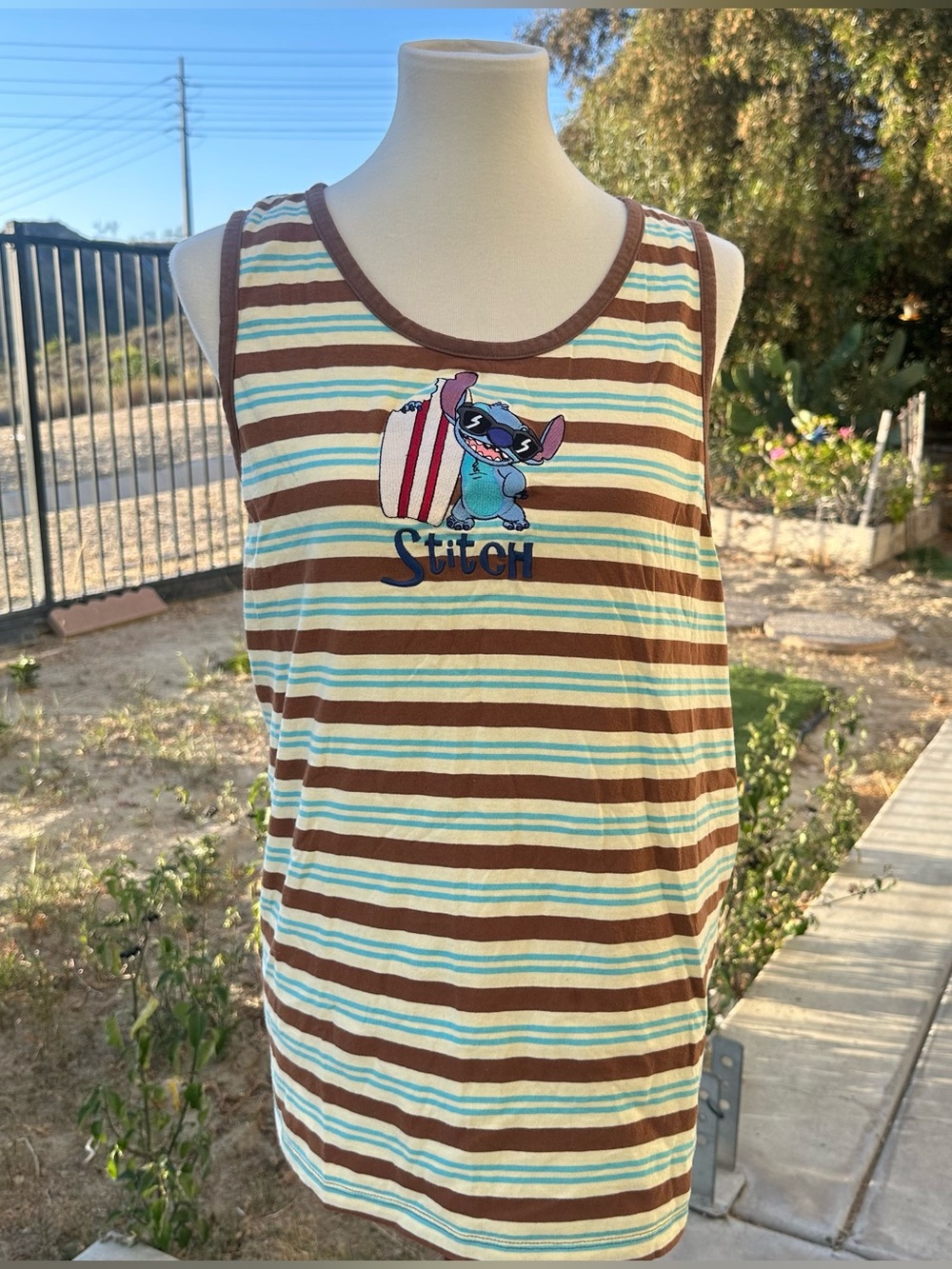 Charming Striped Womens Tank Top with Lilo & Stitch Embroidered Detail